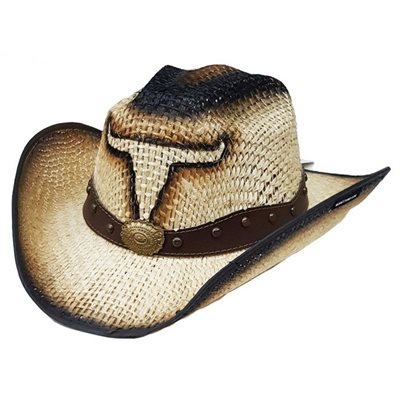 CHAPEAU COWBOY BEIGE / NOIR EN JUTE AVEC TETE DE BOEUF MEDIUM