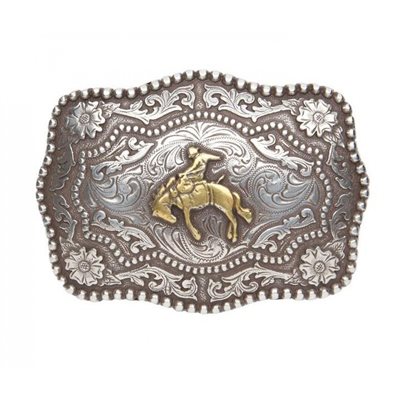 BRONC BUSTER ANTIQUED SILVER AND GOLD PLATED BUCKLE