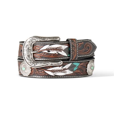 CEINTURE ARIAT CUIR PLUMES BLANC / TURQUOISE ET CONCHO XL