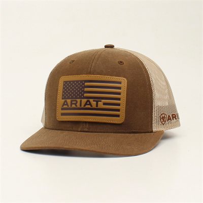 CASQUETTE ARIAT BRUNE DRAPEAU AMERICAIN PATCH CUIR MESH BEIGE