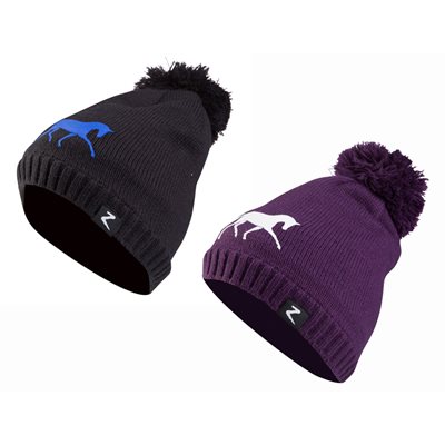 HORZE BLACK KNIT HAT FOR KIDS WITH BLUE HORSE