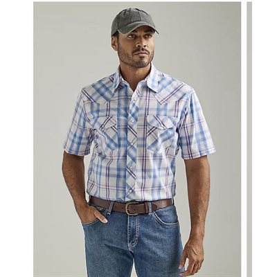 CHEMISE WRANGLER HOMME 20X MANCHE COURTE BLANC / MAUVE / BLEU GR:L