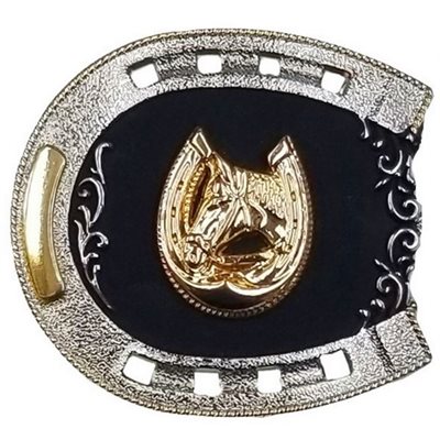 BELT BUCKLE HORSESHOE WITH HORSEHEAD BLACK / GOLD / SILVER