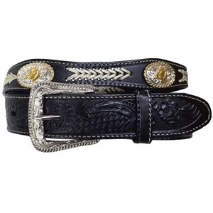 CEINTURE WESTERN NOIR / BRODER BEIGE / LOGO CHEVAL OR