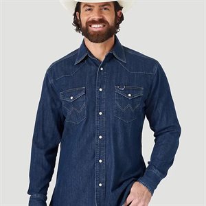 WRANGLER LOG SLEEVE JEANS SHIRT COWBOY CUT SMALL DARK DENIM