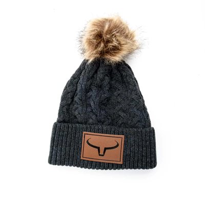 RANCH BRAND POMPOM FUR BEANIE GRAY / LEATHER PATCH